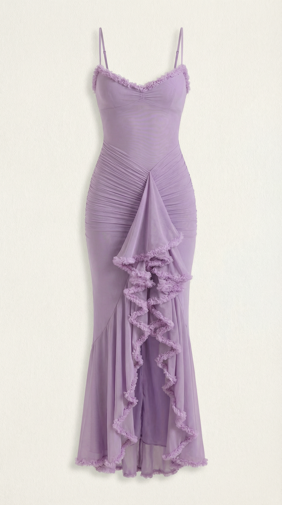 Ruffle Trim High-Low Maxi Dress in Lavender – flat product shot