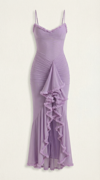 Ruffle Trim High-Low Maxi Dress in Lavender – flat product shot