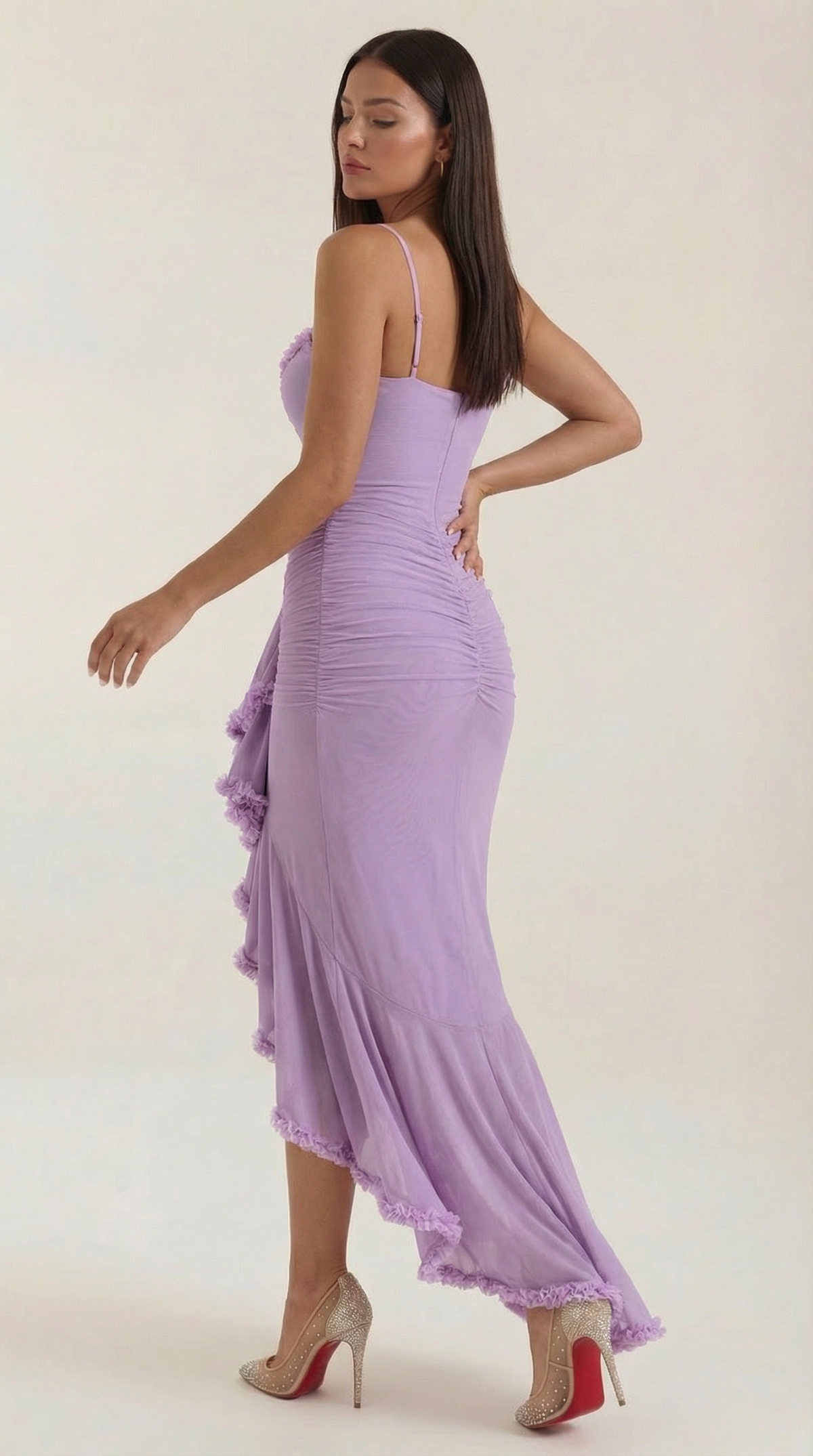 Ruffle Trim High-Low Maxi Dress in Lavender – side view