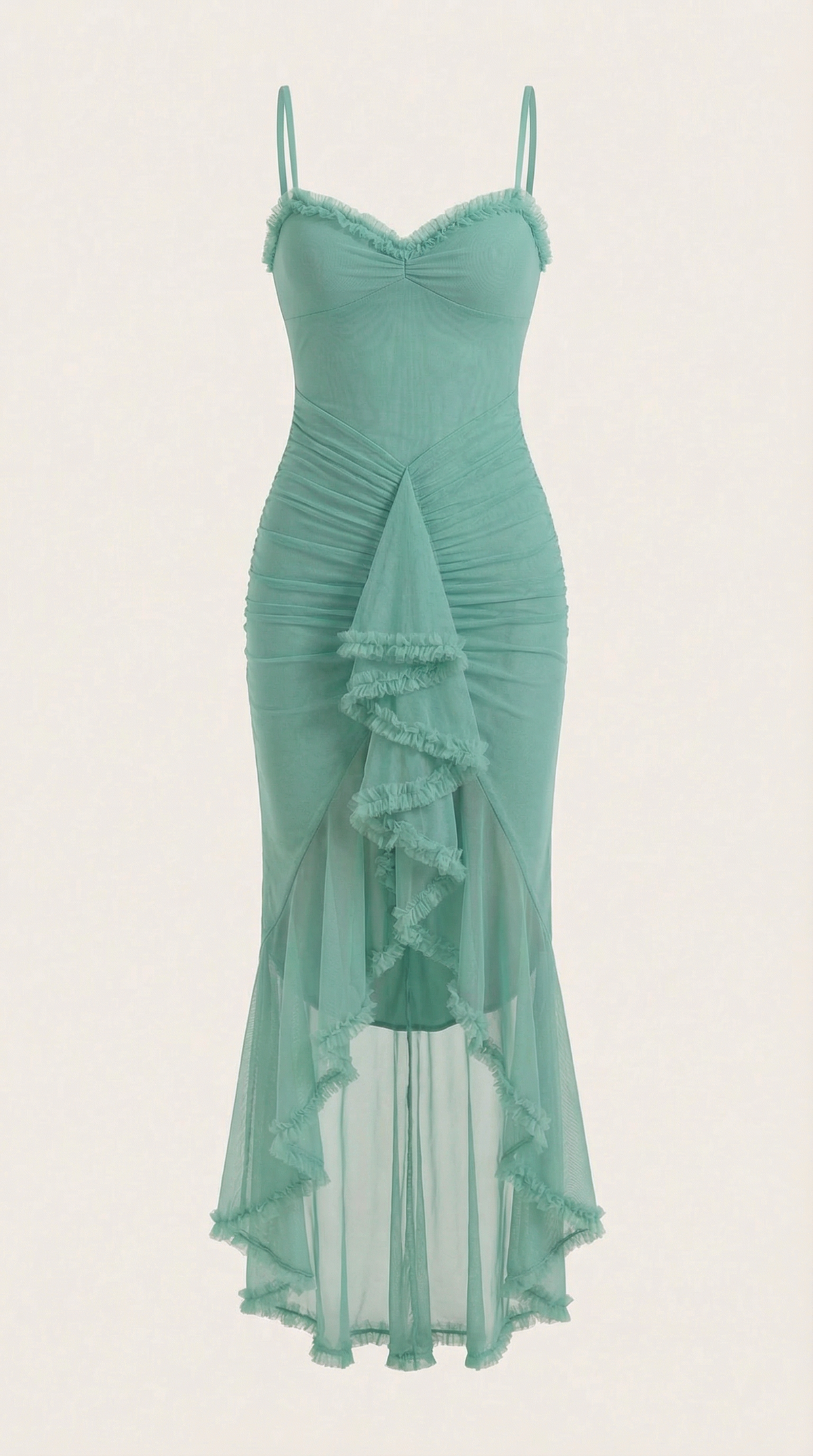 Ruffle Trim High-Low Maxi Dress in Mint – flat product shot