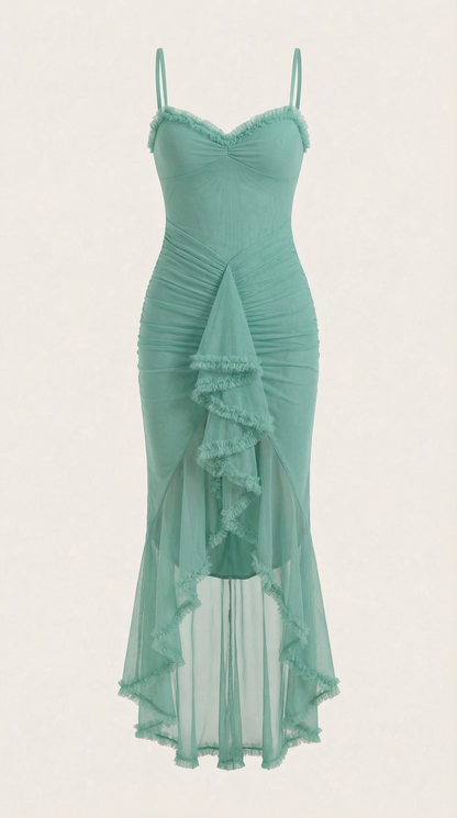 Ruffle Trim High-Low Maxi Dress in Mint – flat product shot