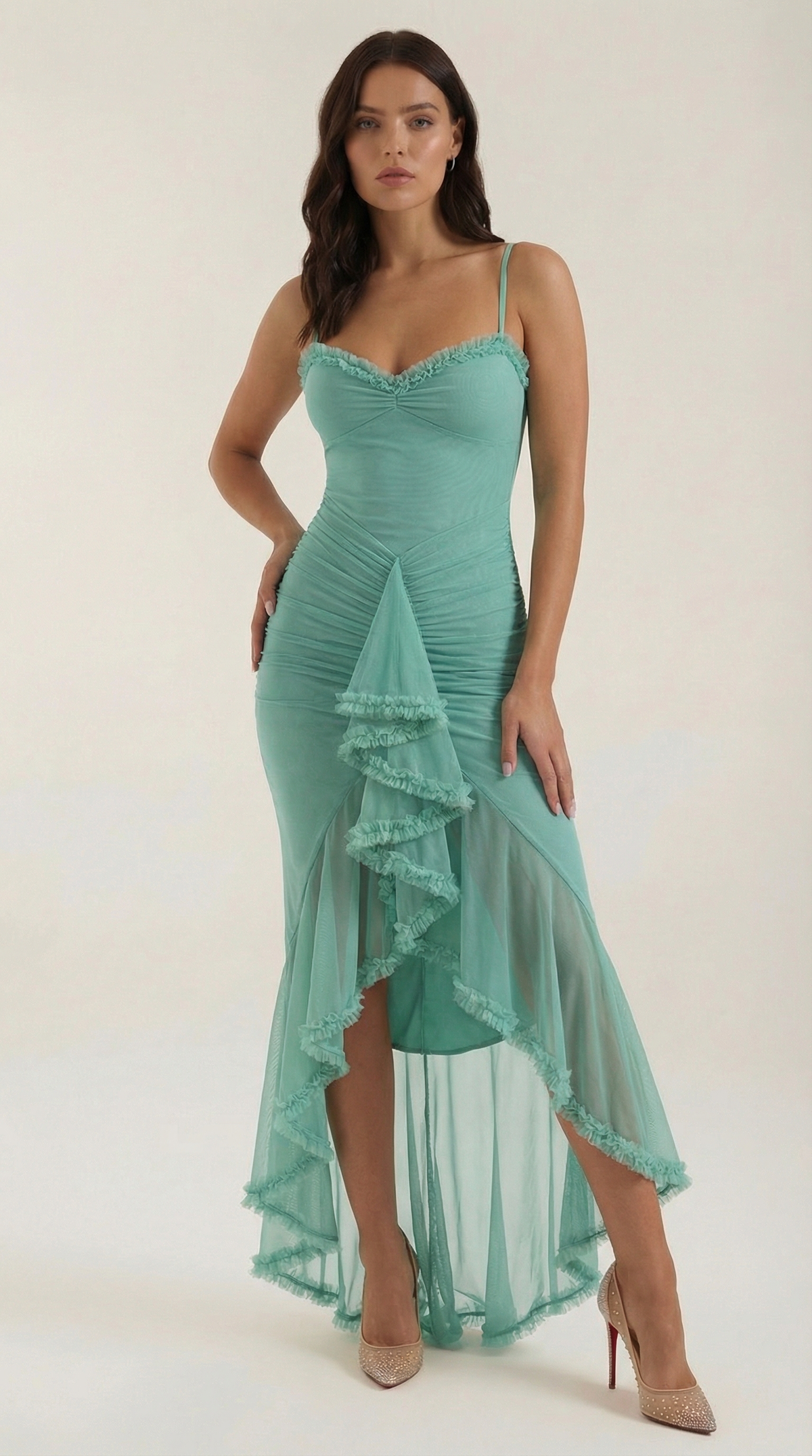 Ruffle Trim High-Low Maxi Dress in Mint – full-length front view