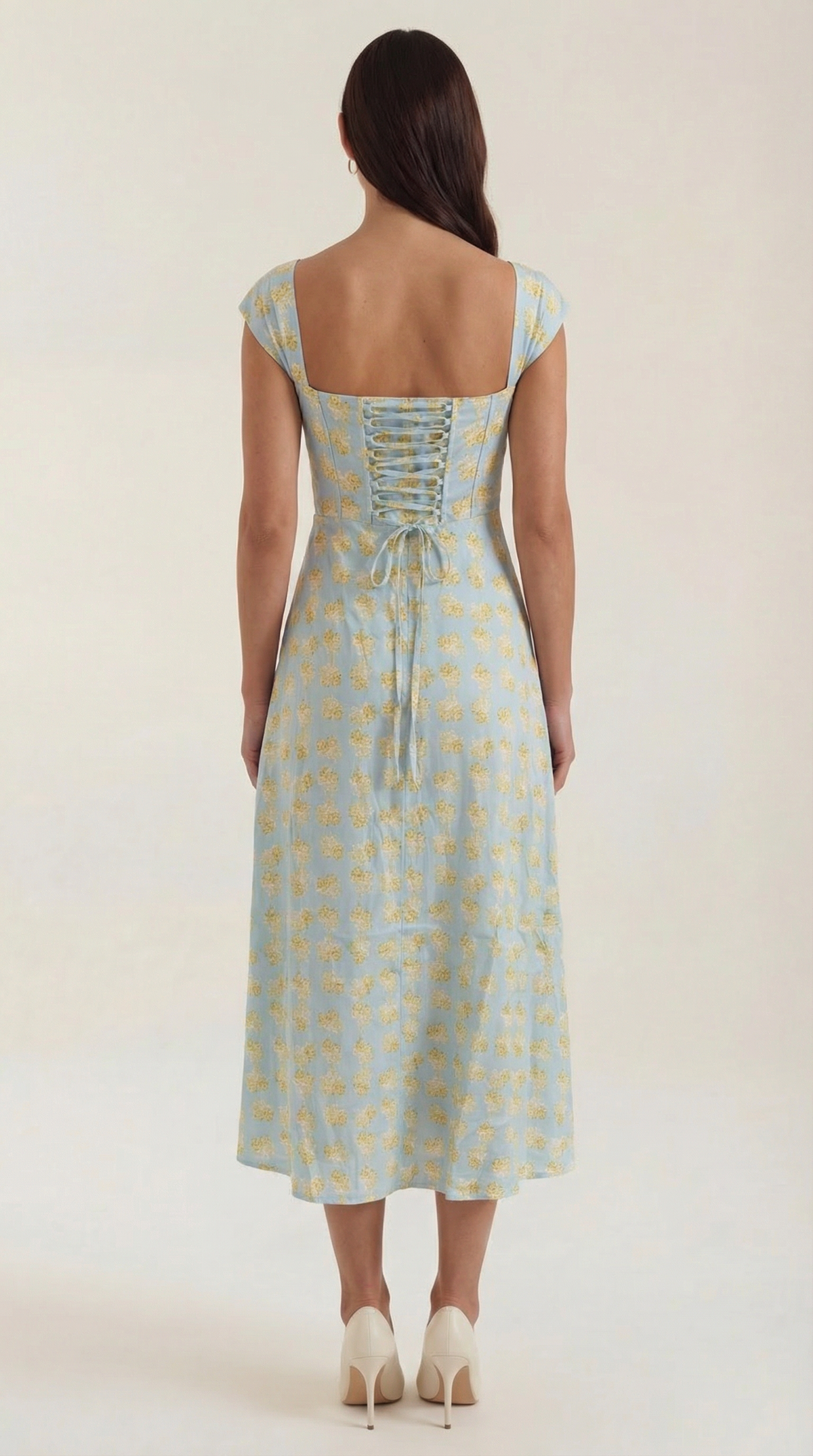 Corset Square Neck Midi Dress with Side Slit in Light Blue Floral – back view showing lace-up back