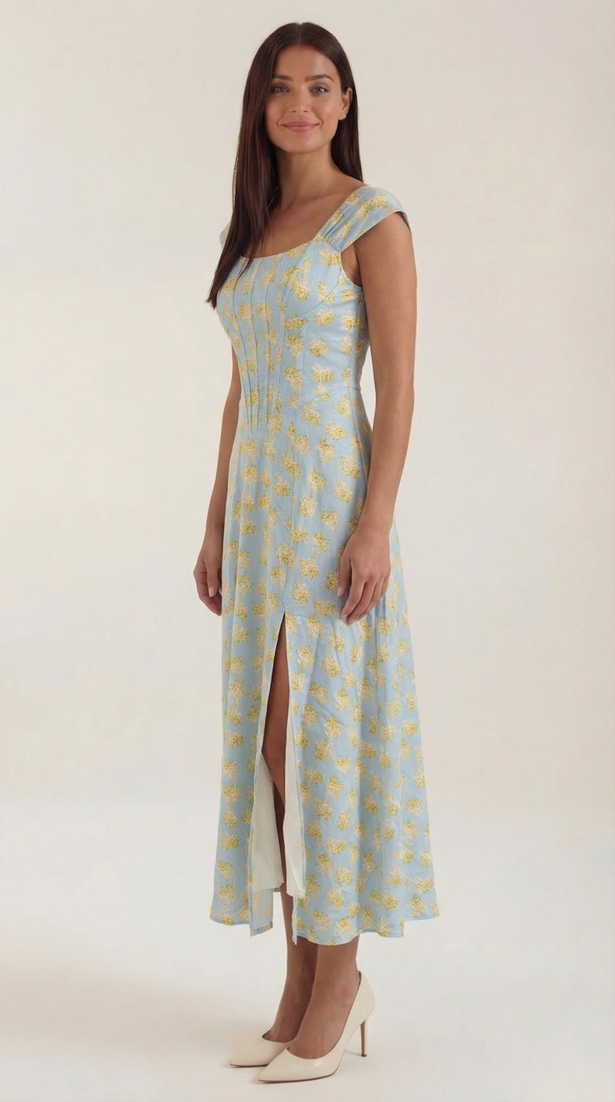 Corset Square Neck Midi Dress with Side Slit in Light Blue Floral – side view