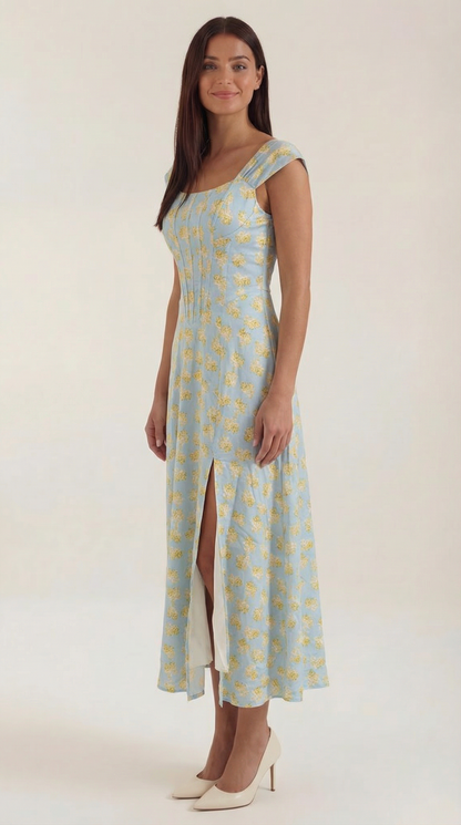 Corset Square Neck Midi Dress with Side Slit in Light Blue Floral – side view