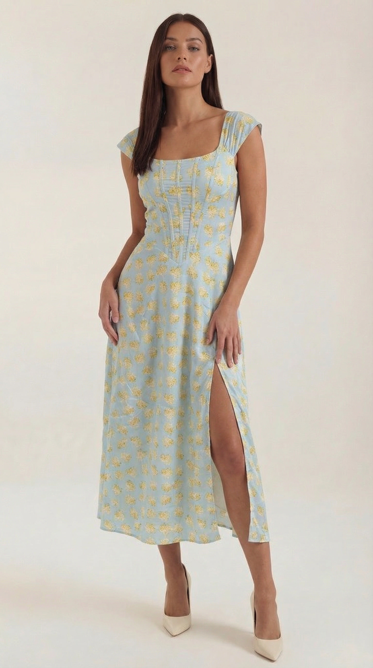 Corset Square Neck Midi Dress with Side Slit in Light Blue Floral – front view, full length