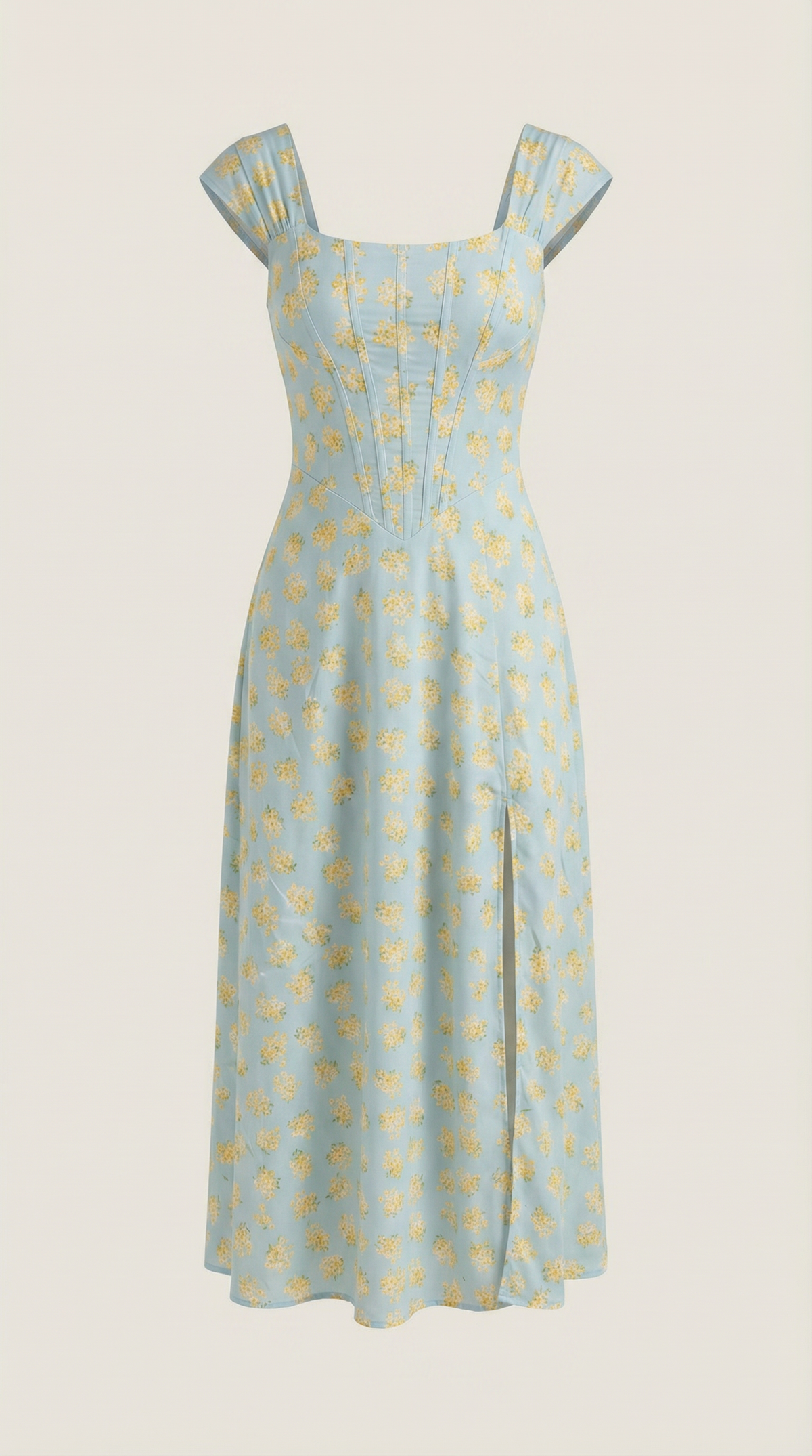 Corset Square Neck Midi Dress with Side Slit in Light Blue Floral – flat product view