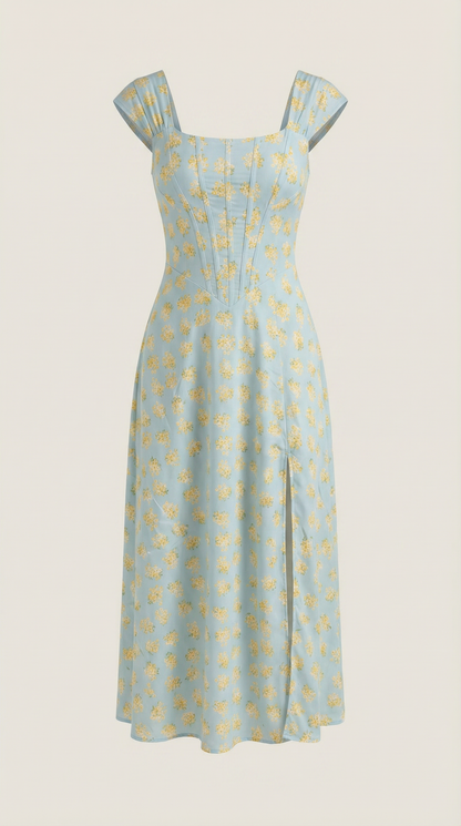 Corset Square Neck Midi Dress with Side Slit in Light Blue Floral – flat product view