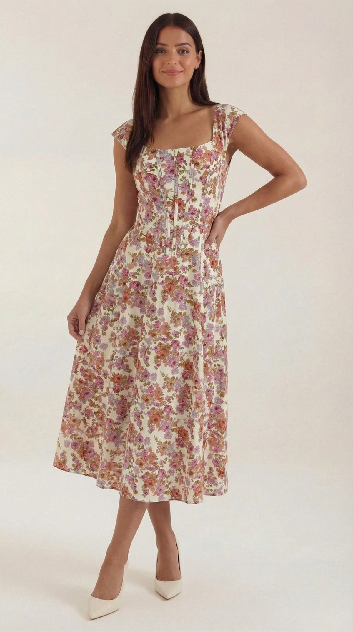 Corset Square Neck Midi Dress with Side Slit in Cream Floral – front view, full length