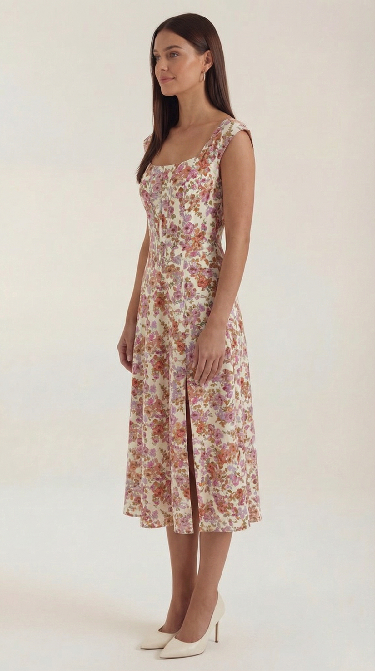 Corset Square Neck Midi Dress with Side Slit in Cream Floral – side view