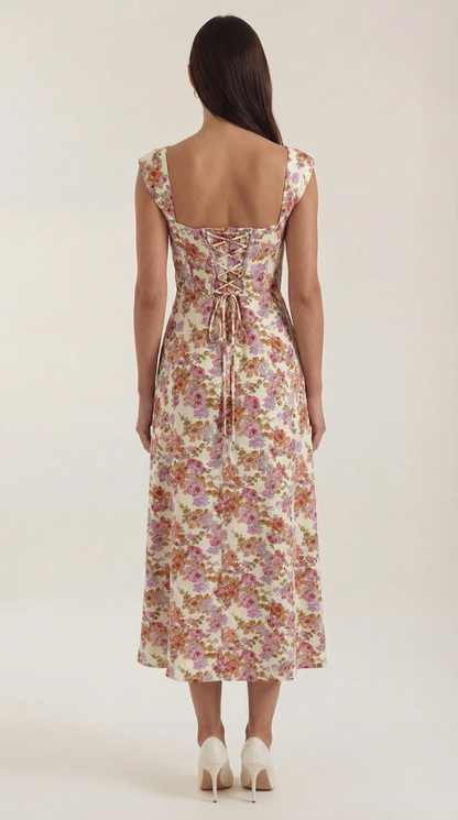 Corset Square Neck Midi Dress with Side Slit in Cream Floral – back view showing lace-up back