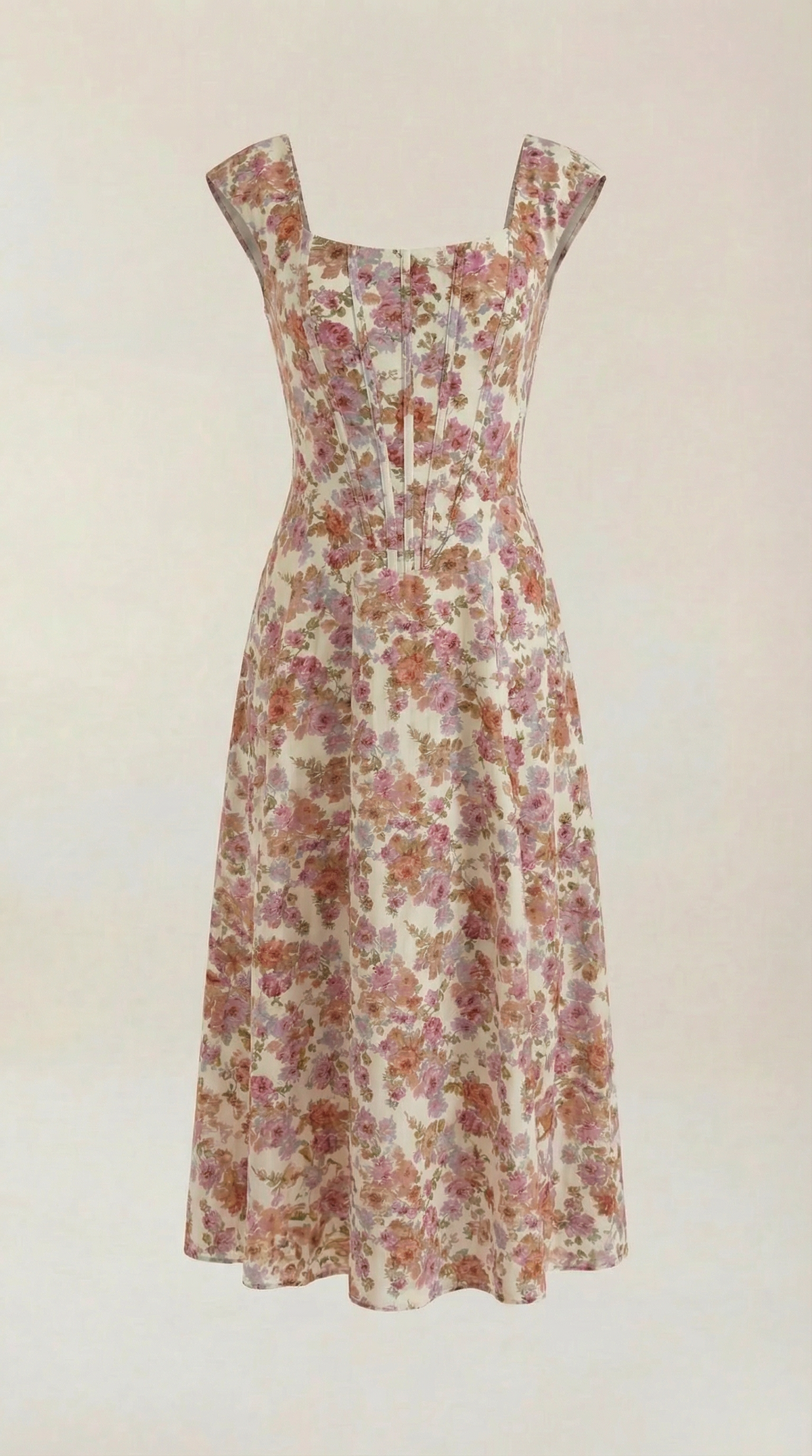 Corset Square Neck Midi Dress with Side Slit in Cream Floral – flat product view