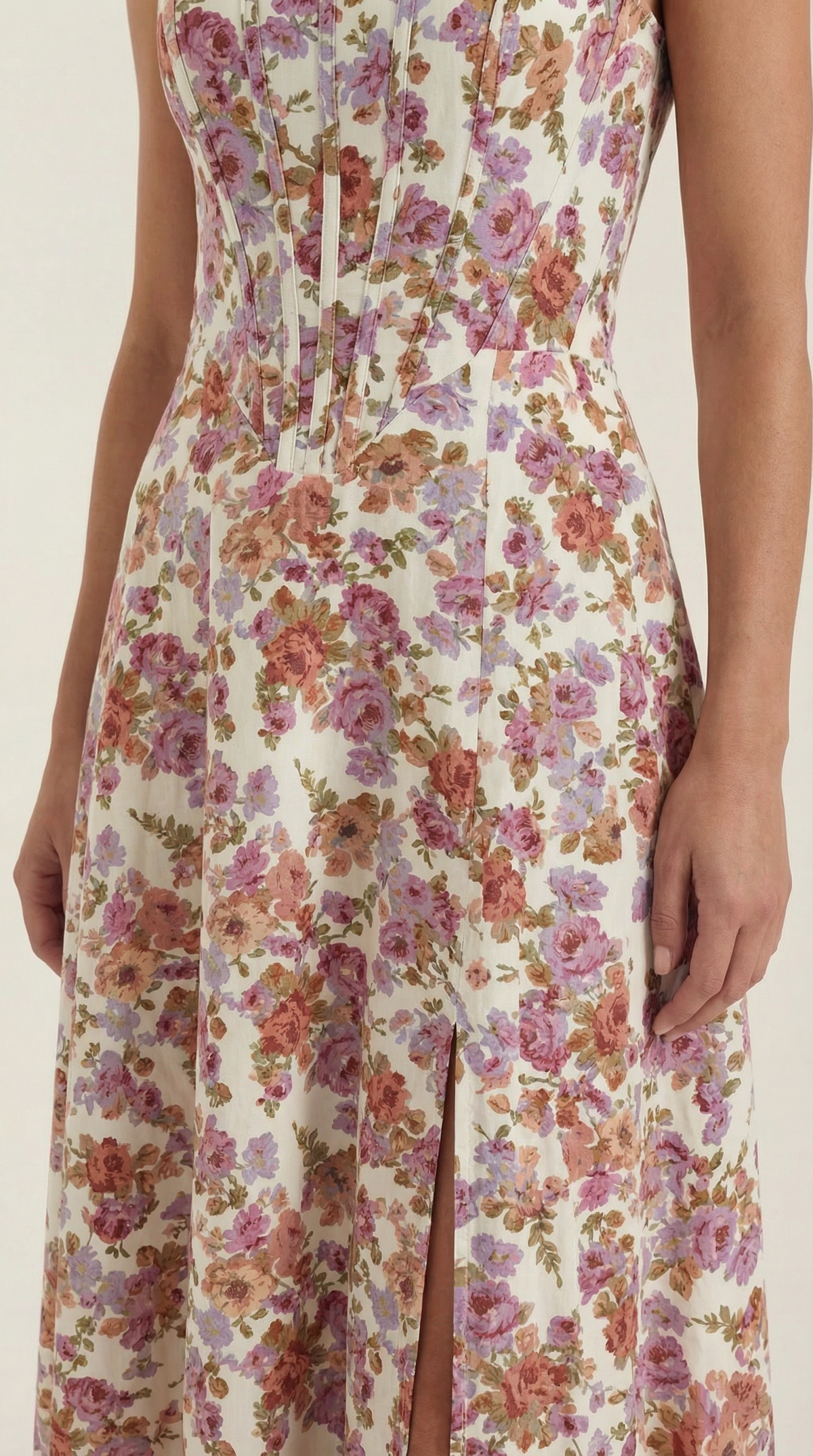 Corset Square Neck Midi Dress with Side Slit in Cream Floral – close-up of corset bodice and slit