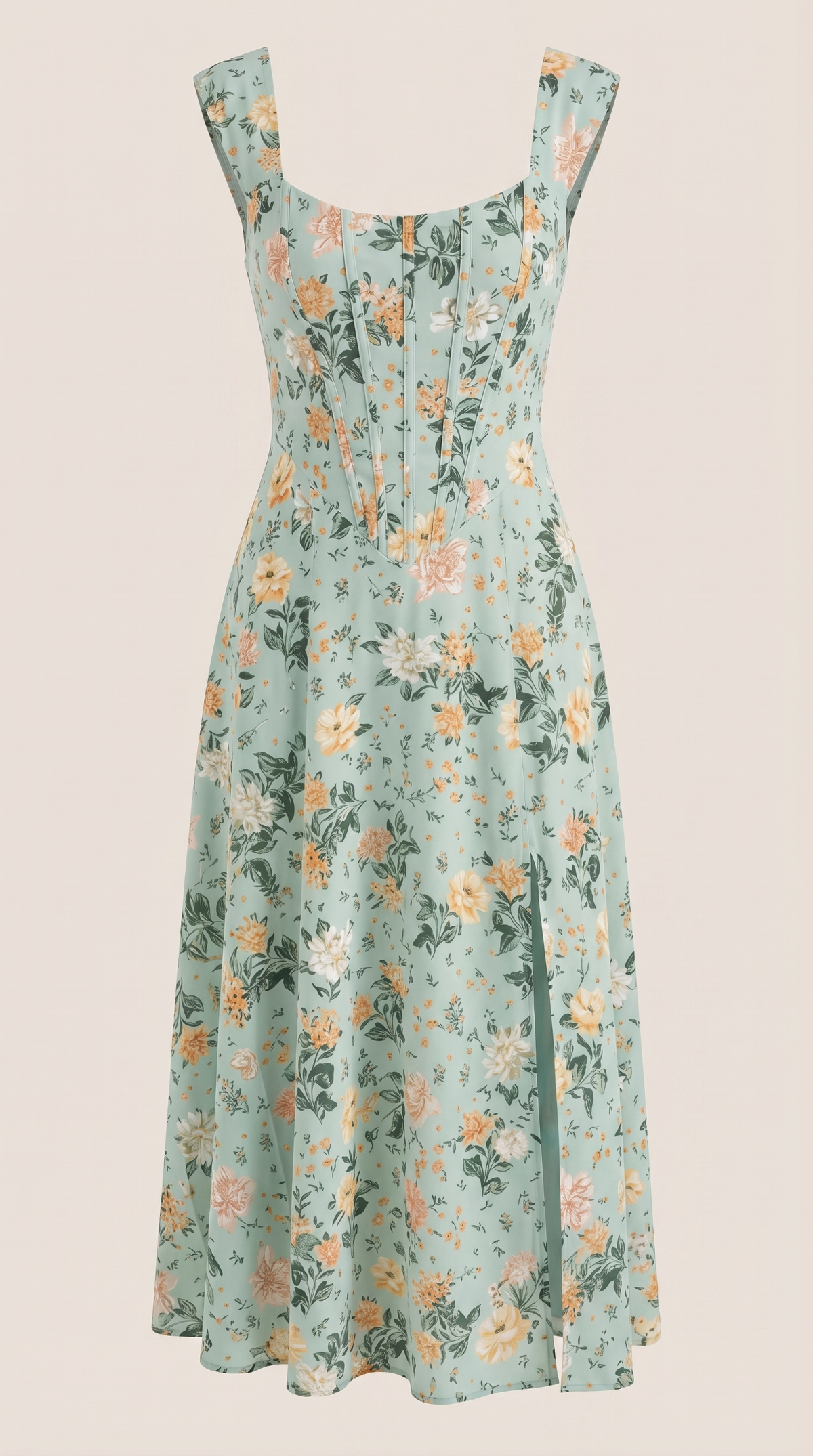 Corset Square Neck Midi Dress with Side Slit in Mint Floral – flat product view