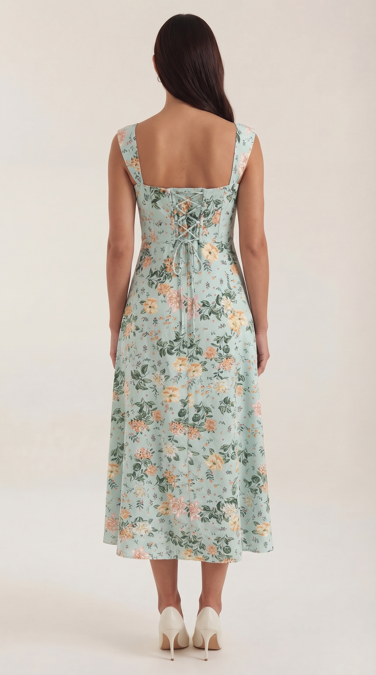 Corset Square Neck Midi Dress with Side Slit in Mint Floral – back view showing lace-up back