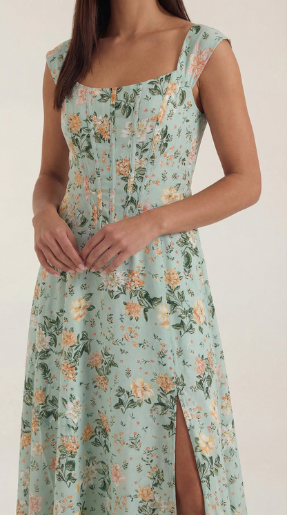Corset Square Neck Midi Dress with Side Slit in Mint Floral – close-up of corset bodice