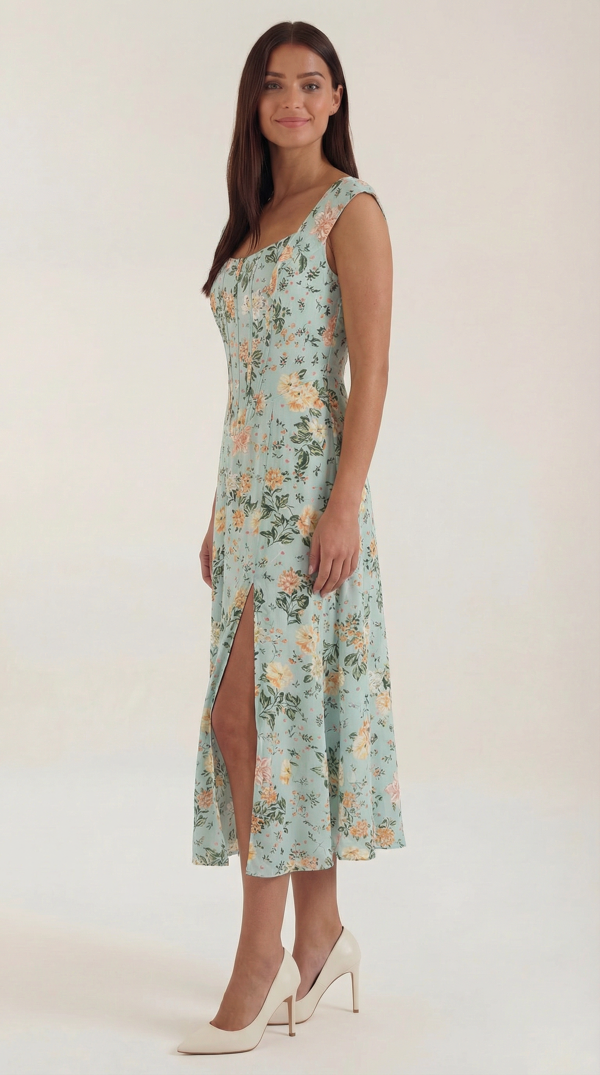Corset Square Neck Midi Dress with Side Slit in Mint Floral – front view showing side slit