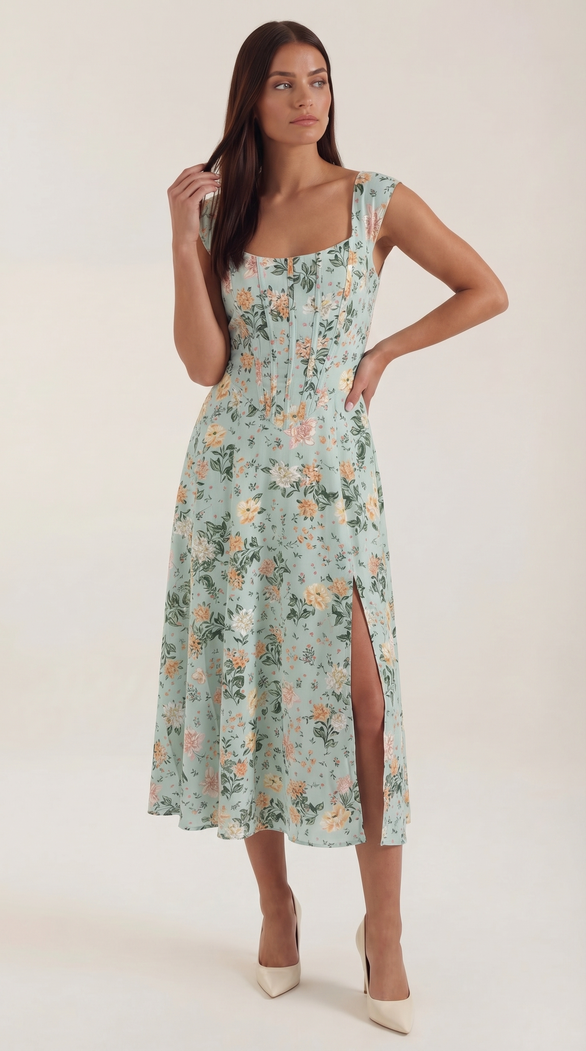 Corset Square Neck Midi Dress with Side Slit in Mint Floral – front view, full length