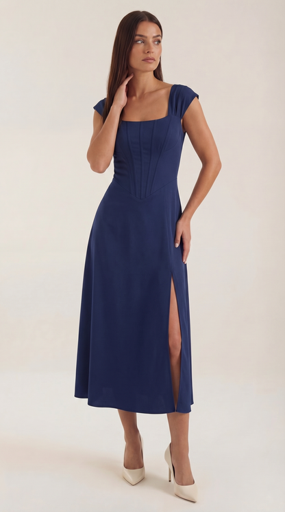 Corset Square Neck Midi Dress with Side Slit in Navy Blue – front view, full length