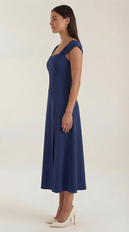 Corset Square Neck Midi Dress with Side Slit in Navy Blue – side view