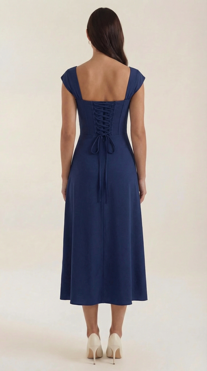Corset Square Neck Midi Dress with Side Slit in Navy Blue – back view showing lace-up back