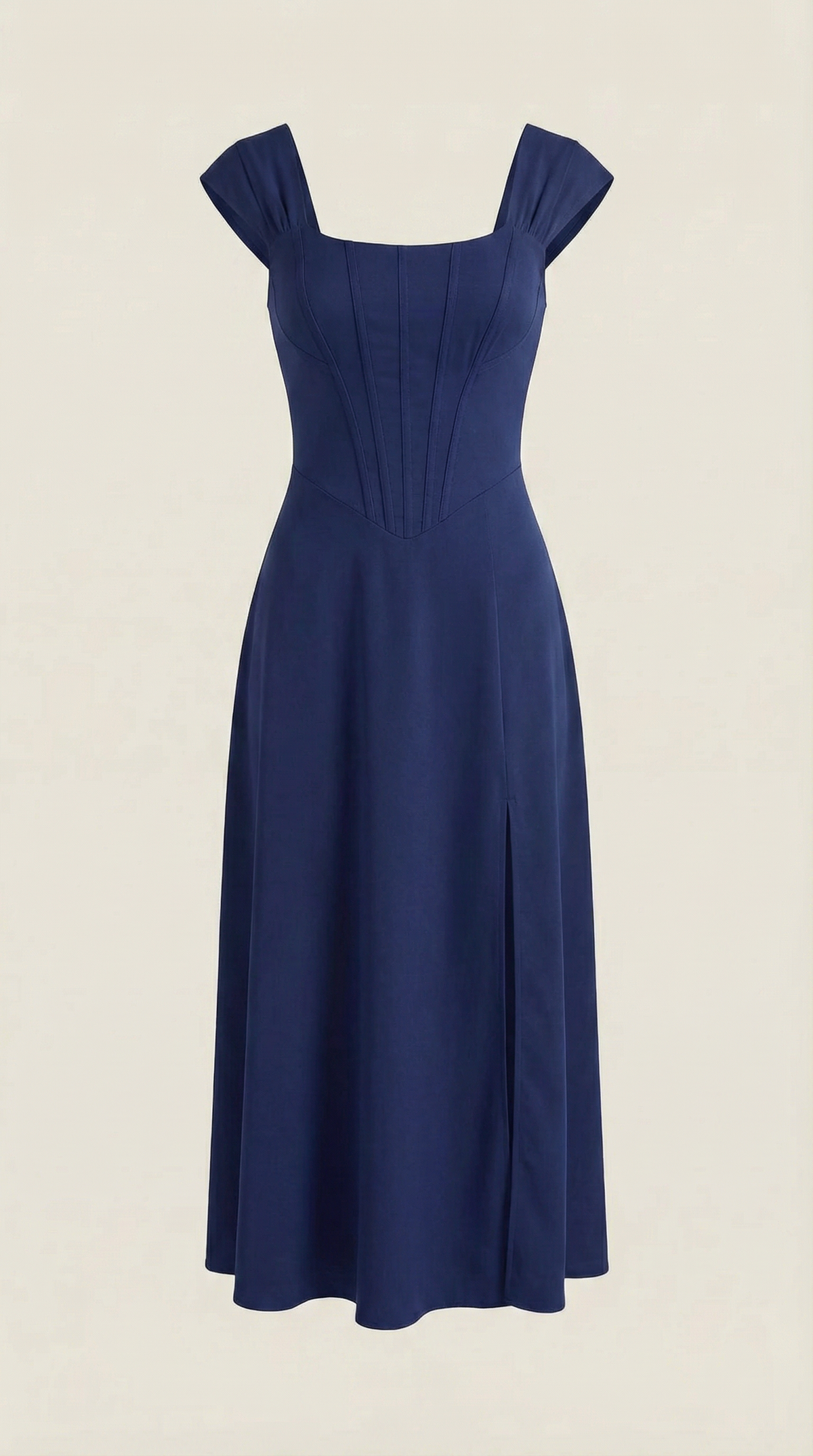 Corset Square Neck Midi Dress with Side Slit in Navy Blue – flat product view