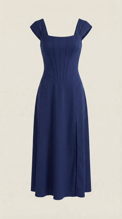 Corset Square Neck Midi Dress with Side Slit in Navy Blue – flat product view