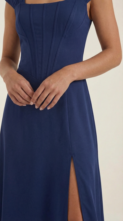 Corset Square Neck Midi Dress with Side Slit in Navy Blue – close-up of corset bodice and slit