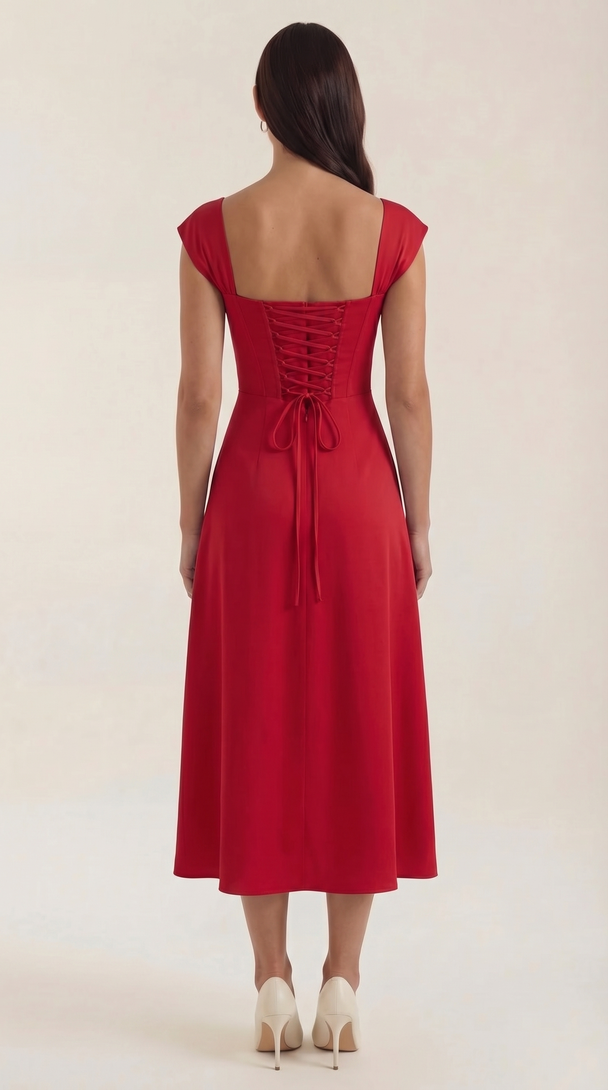 Corset Square Neck Midi Dress with Side Slit in Red – back view showing lace-up back