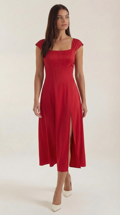 Corset Square Neck Midi Dress with Side Slit in Red – front view, full length