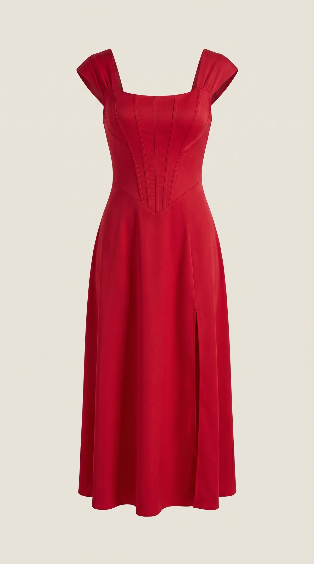 Corset Square Neck Midi Dress with Side Slit in Red – flat product view