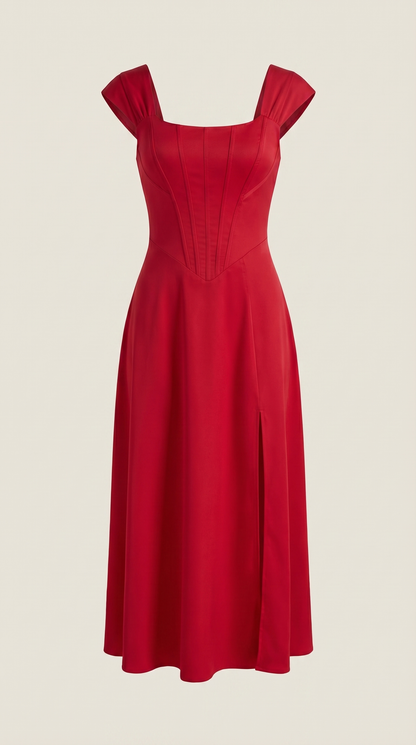 Corset Square Neck Midi Dress with Side Slit in Red – flat product view