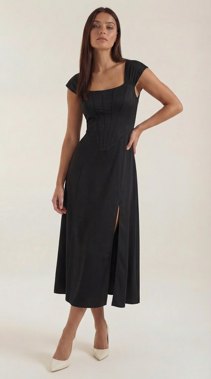 Corset Square Neck Midi Dress with Side Slit in Black – front view, full length