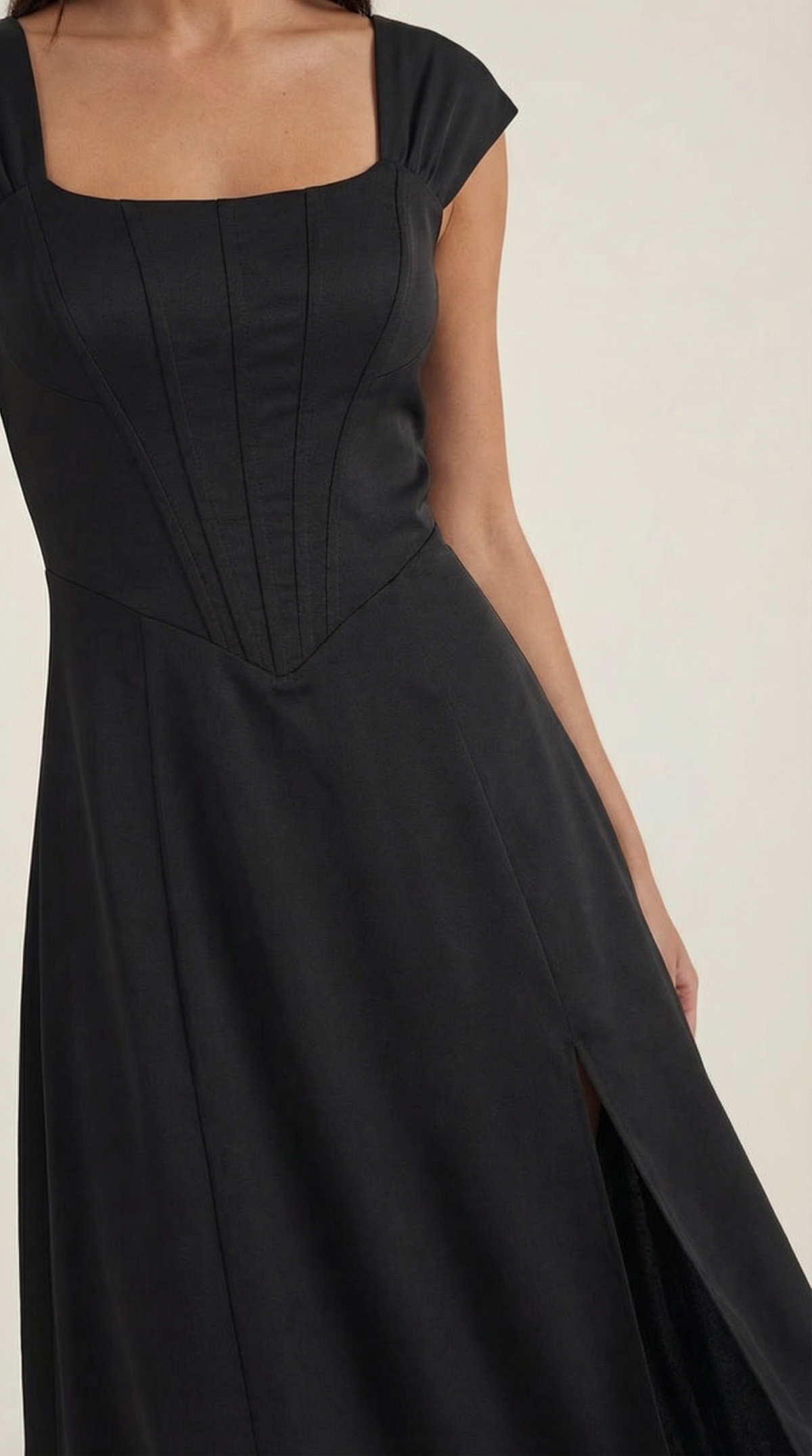 Corset Square Neck Midi Dress with Side Slit in Black – close-up of corset bodice and slit