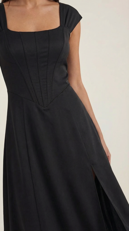 Corset Square Neck Midi Dress with Side Slit in Black – close-up of corset bodice and slit