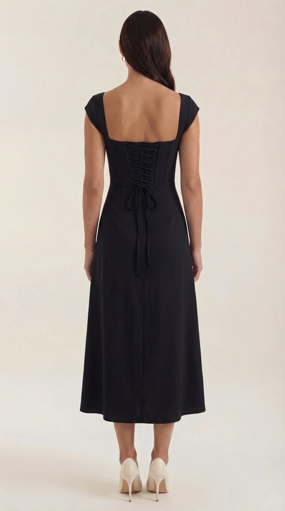 Corset Square Neck Midi Dress with Side Slit in Black – back view showing lace-up back