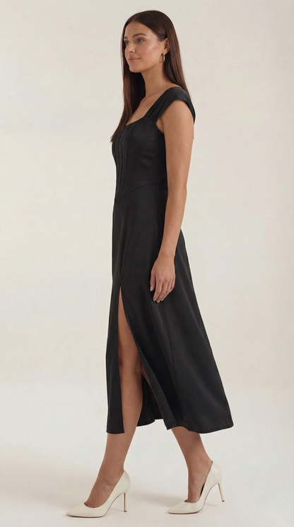 Corset Square Neck Midi Dress with Side Slit in Black – side view