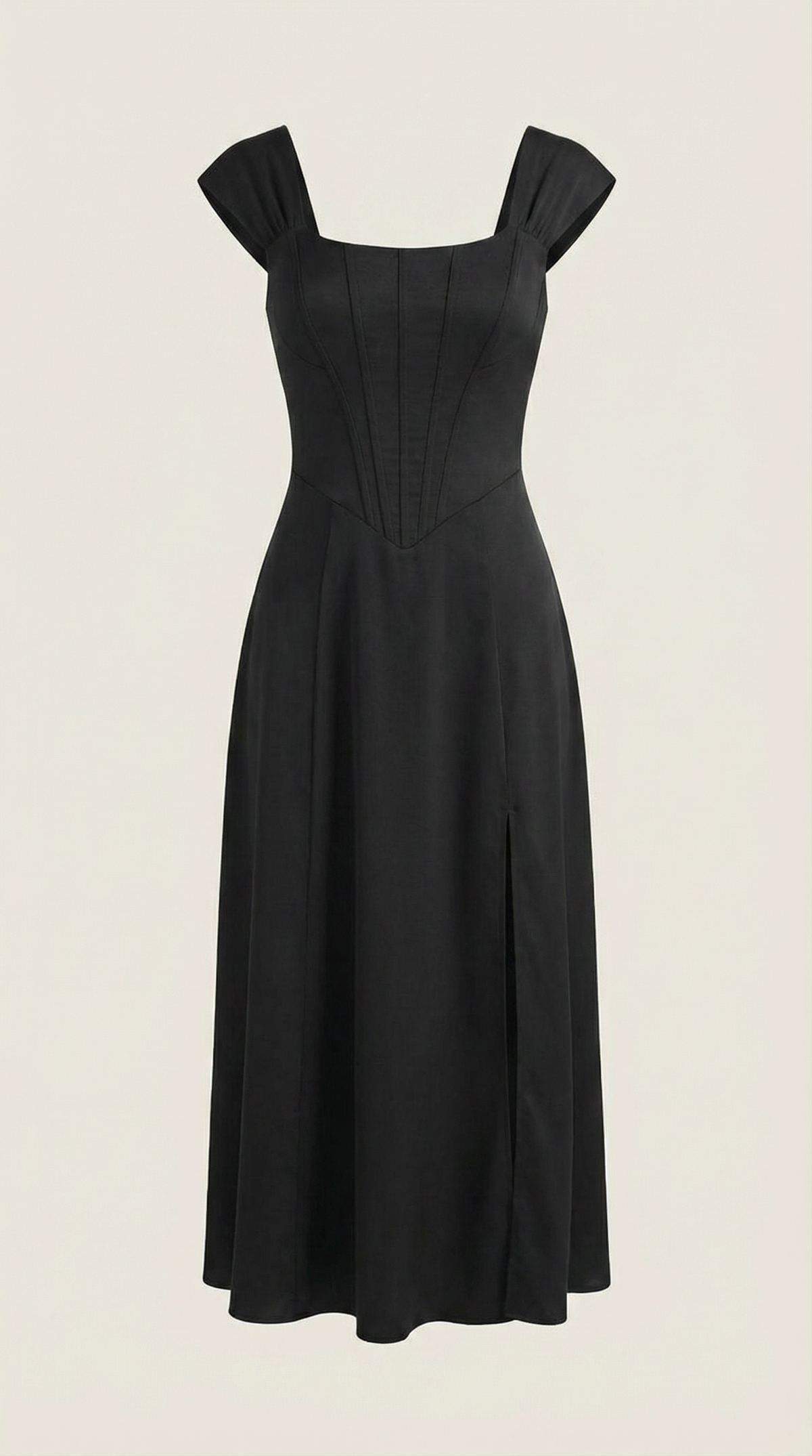Corset Square Neck Midi Dress with Side Slit in Black – flat product view