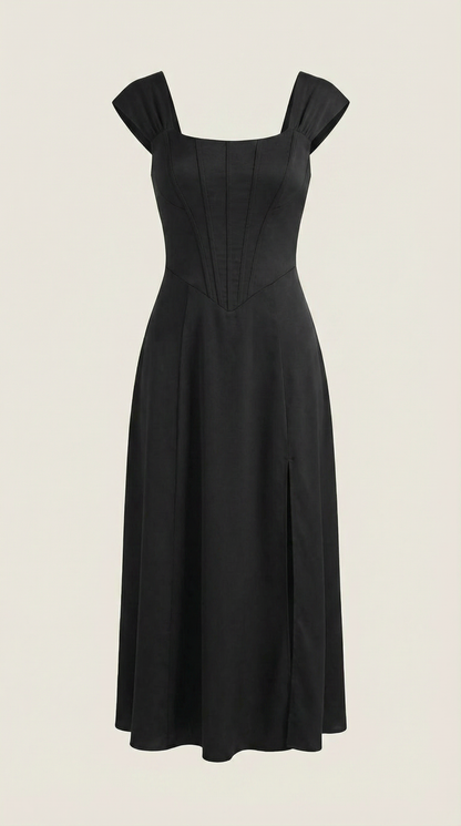 Corset Square Neck Midi Dress with Side Slit in Black – flat product view