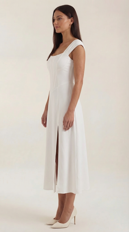 Corset Square Neck Midi Dress with Side Slit in White – side view