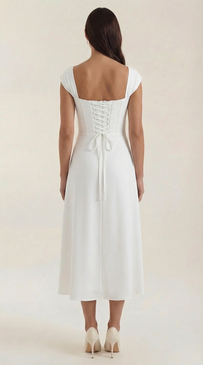 Corset Square Neck Midi Dress with Side Slit in White – back view showing lace-up back