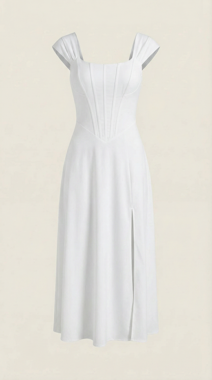Corset Square Neck Midi Dress with Side Slit in White – flat product view