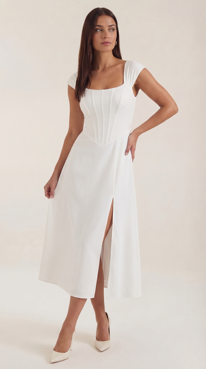 Corset Square Neck Midi Dress with Side Slit in White – front view, full length