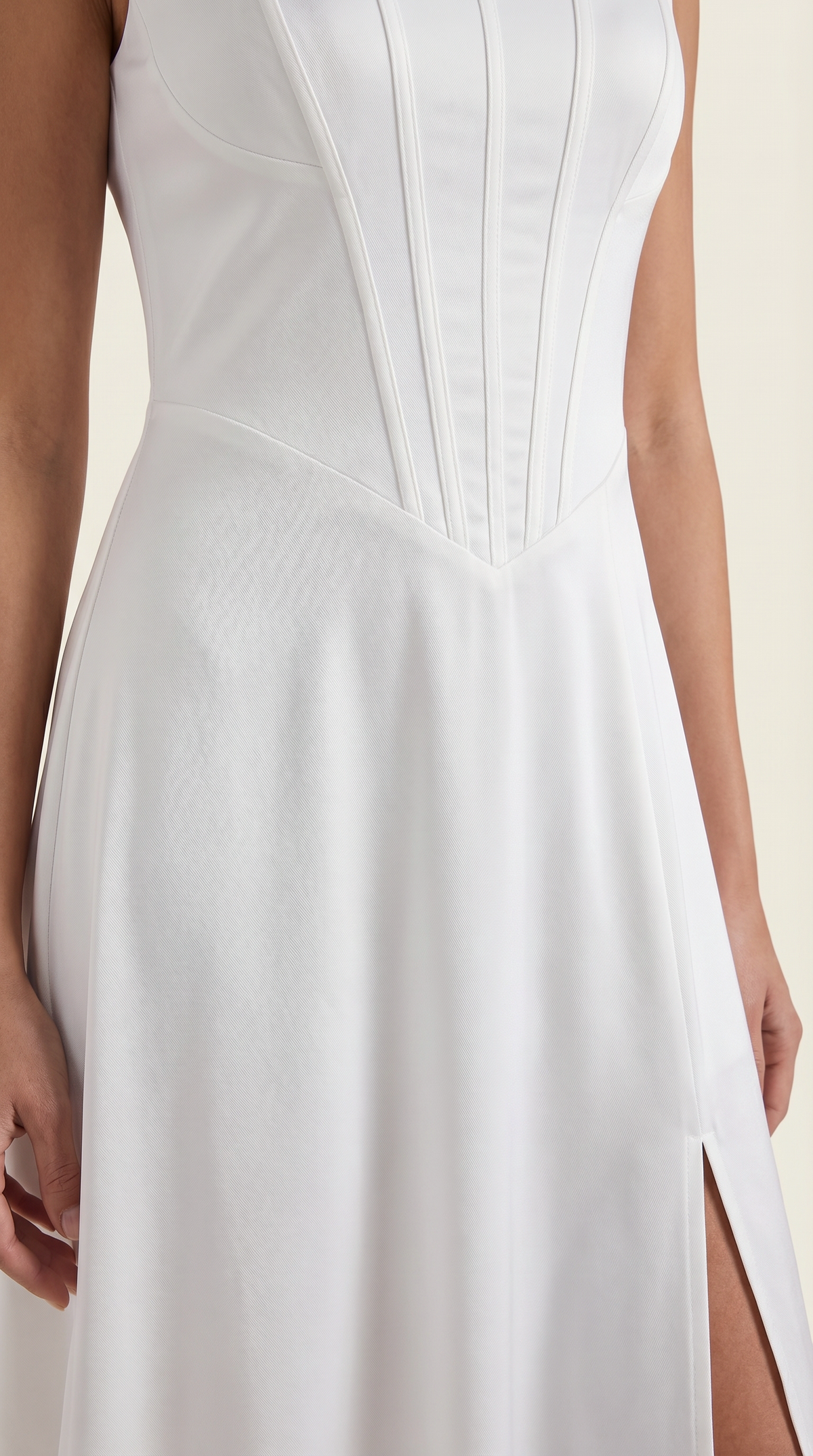 Corset Square Neck Midi Dress with Side Slit in White – close-up of corset bodice and slit