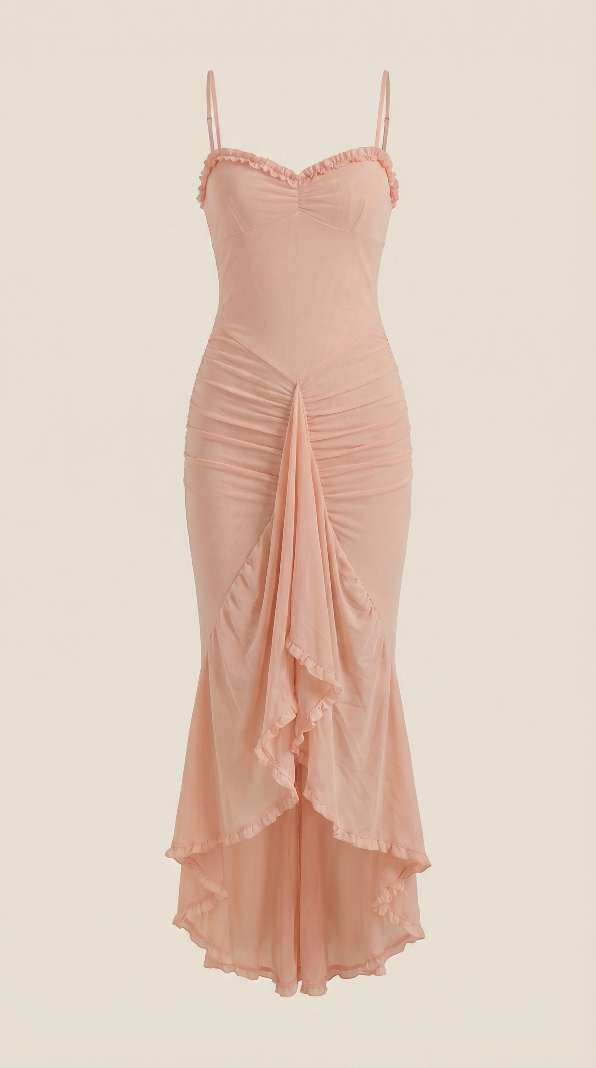 Ruffle Trim High-Low Maxi Dress in Blush – flat product shot