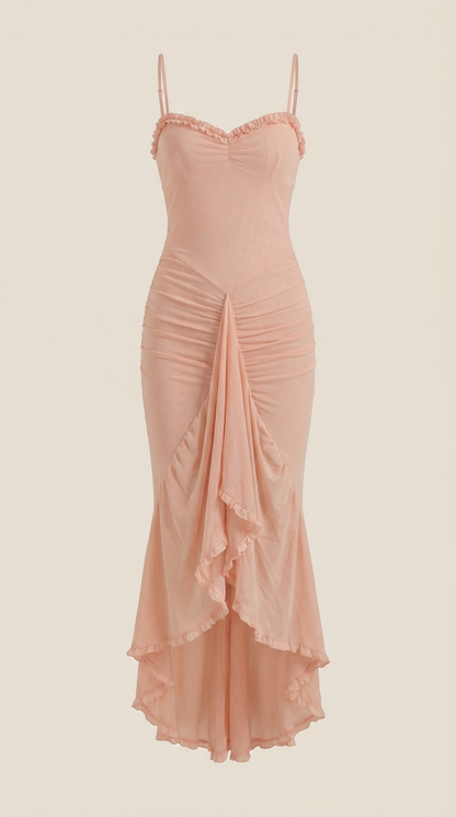 Ruffle Trim High-Low Maxi Dress in Blush – flat product shot