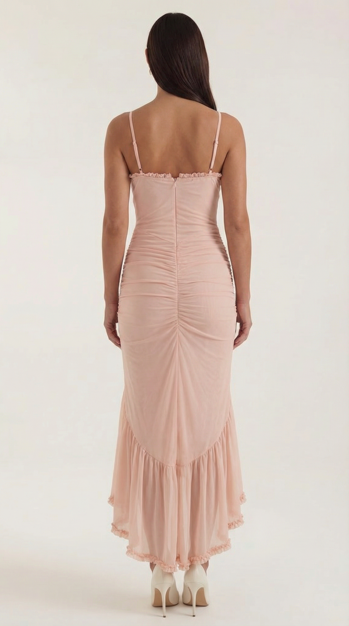 Ruffle Trim High-Low Maxi Dress in Blush – back view
