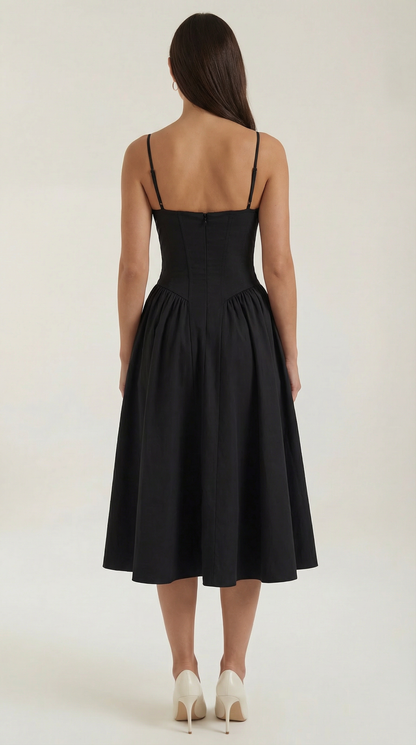 Corset Tie-Front Midi Dress in Black – back view