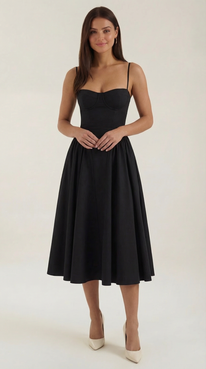 Corset Tie-Front Midi Dress in Black – front view, full length