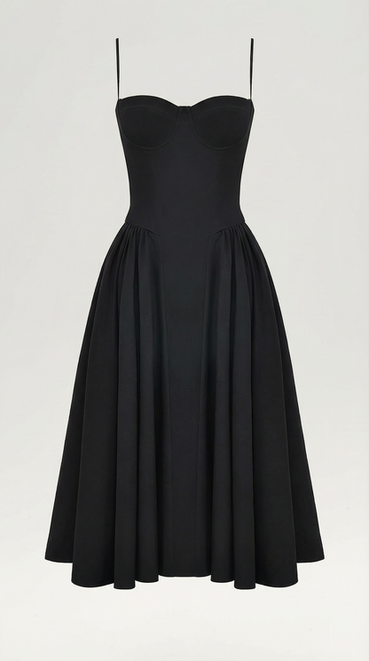Corset Tie-Front Midi Dress in Black – flat-lay product shot